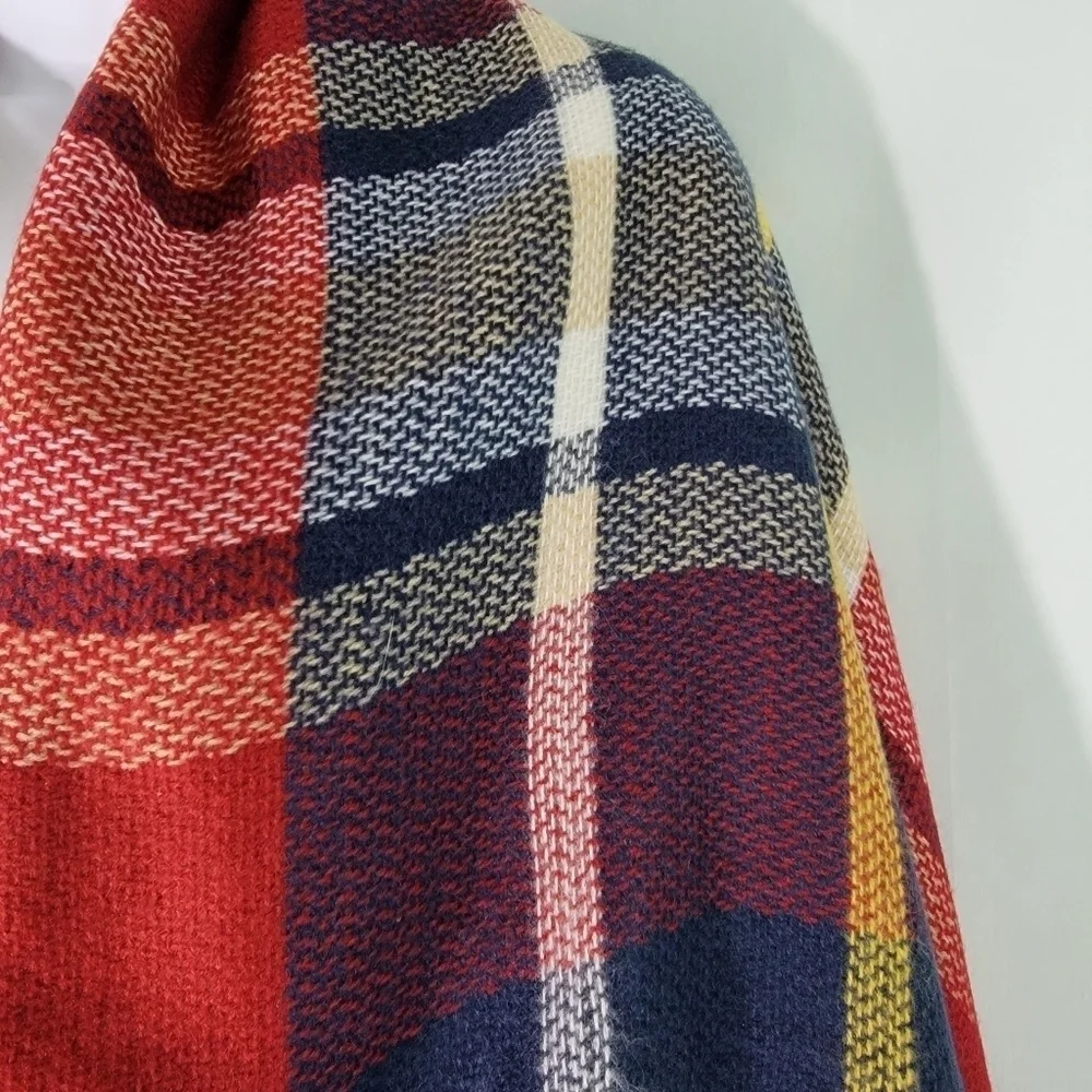 Fall Winter Shawl Blanket Throw In Red/Navy/Yellow 54 X 58